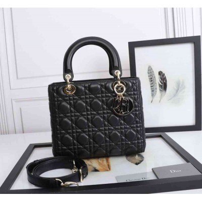 Dior Lady Dior Medium Bag in Black Lambskin with Enamel Charm