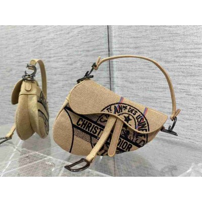 Dior Saddle Bag In Beige Jute Canvas with Dior Union Motif