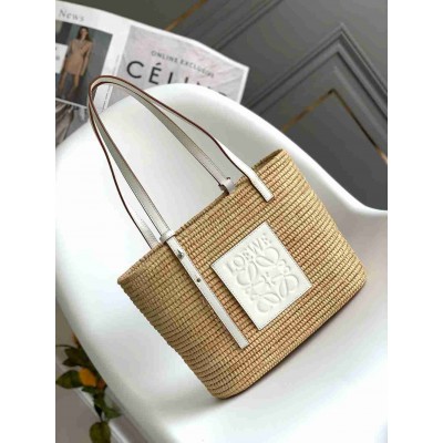 Loewe Small Square Basket Bag in Raffia and White Calfskin