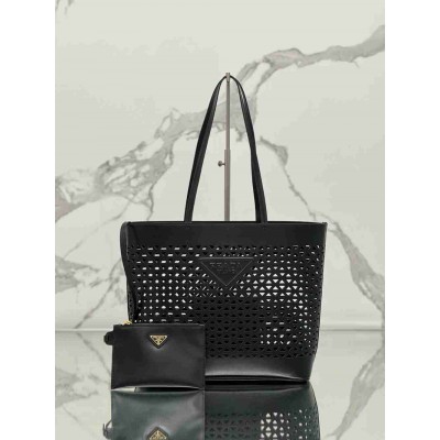 Prada Large Tote Bag in Black Perforated Leather