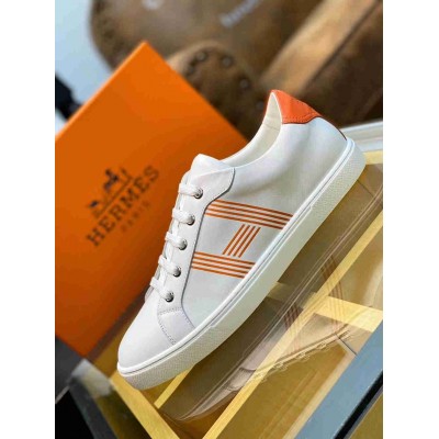 Hermes Avantage Sneakers In White Orange Calfskin