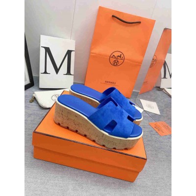 Hermes Eze 30 Cork Platform Sandals in Blue Suede Leather