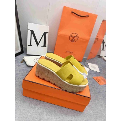 Hermes Eze 30 Cork Platform Sandals in Yellow Suede Leather