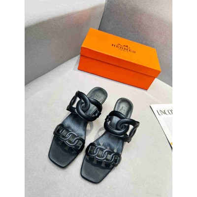 Hermes Figari 55mm Wedge Sandals In Black Nappa Leather