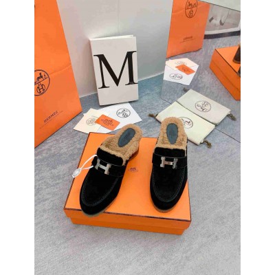 Hermes Flore 60 Mules in Black Suede with Shearling