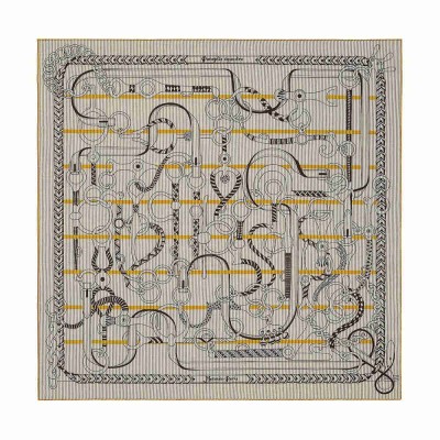 Hermes Grey Yellow Panoplie Equestre Eyeliner Shawl 140