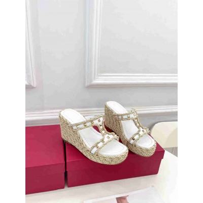 Valentino Garavani Rockstud Wedge Sandals in White Calfskin