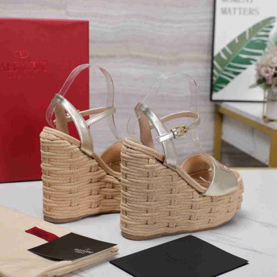 Valentino VLogo Cut-out Espadrille Wedge Sandals in Gold Metallic Leather