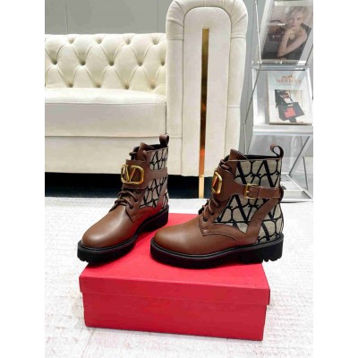 Valentino Vlogo Signature Combat Boots in Black Toile Iconographe