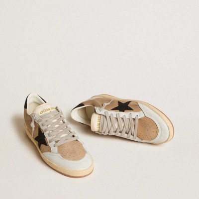 Golden Goose Ball Star Sneakers In Beige Nubuck And Nappa With Black Swarovski Crystal Star