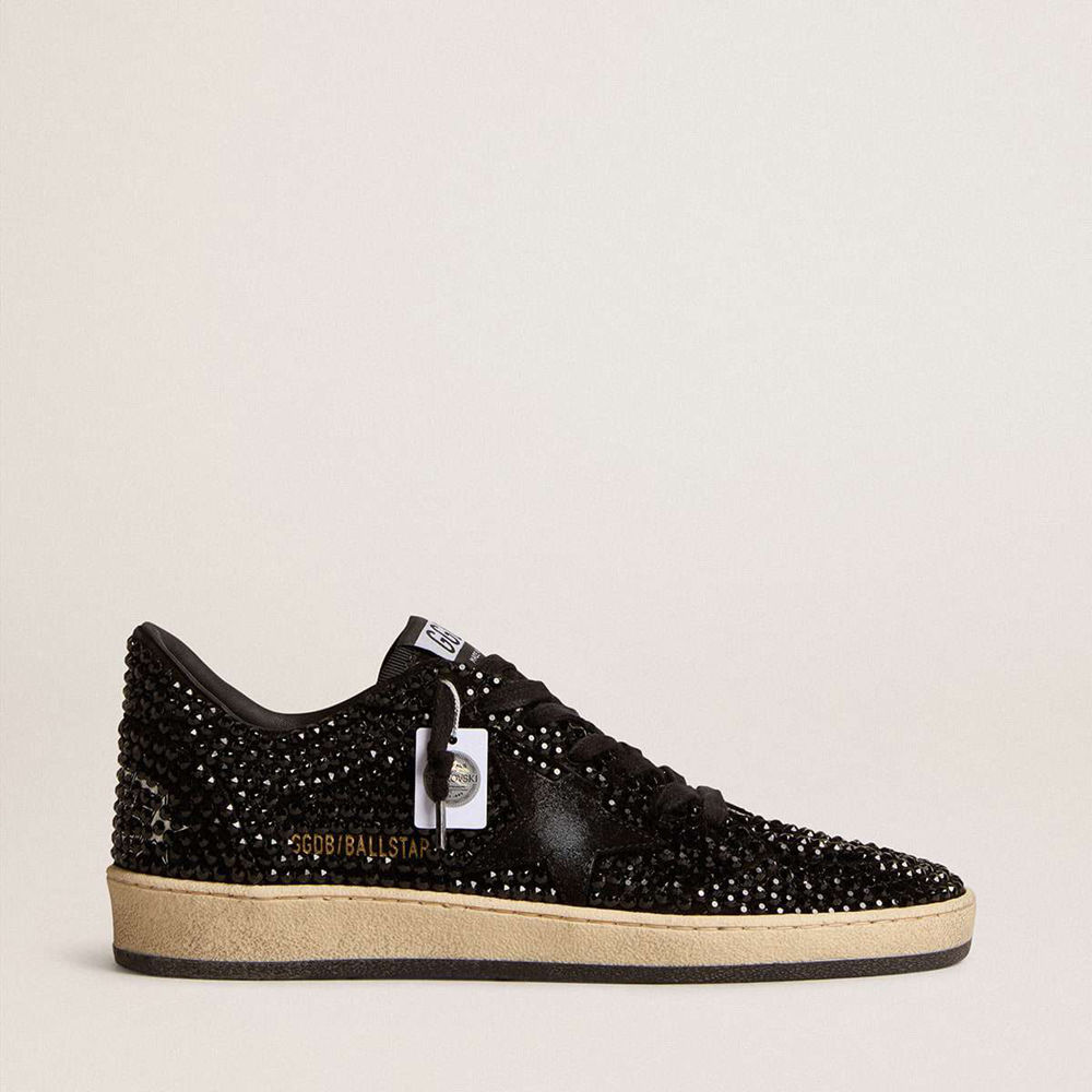 Golden Goose Ball Star Sneakers In Suede With Black Swarovski Crystals And Black Suede Star