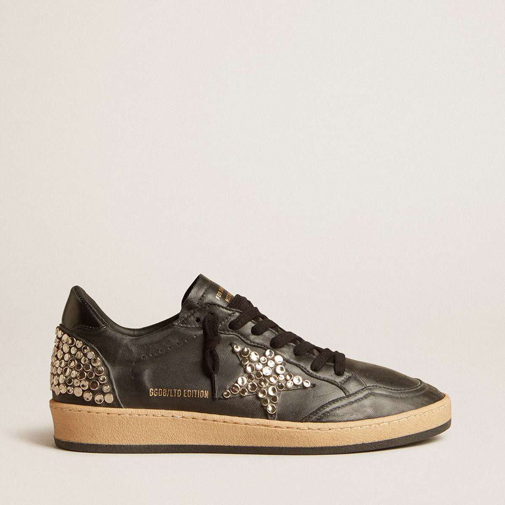Golden Goose Ball Star Sneakers LAB In Black Nappa With Studded Black Leather Star
