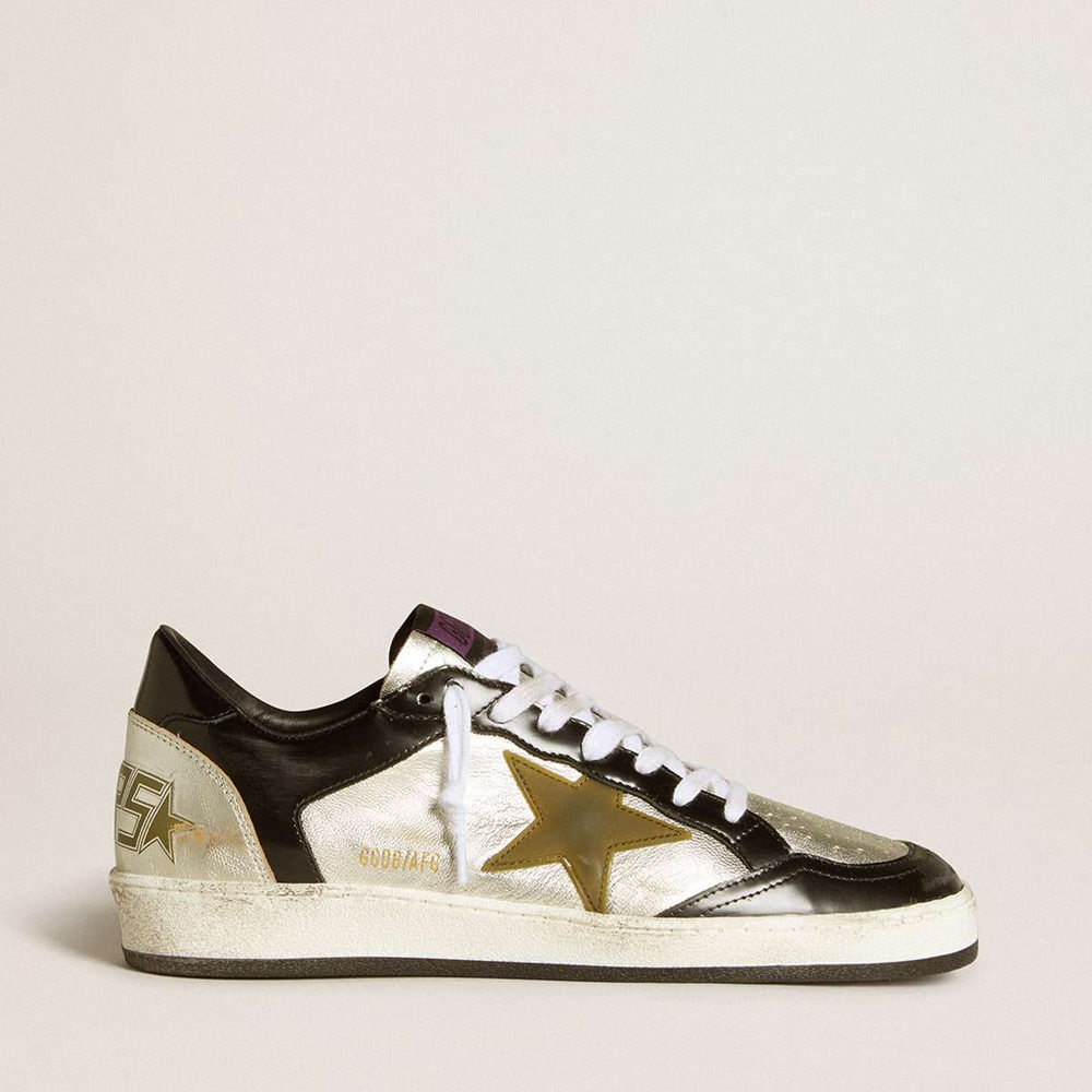 Golden Goose Ball Star Sneakers LAB In Silver Leather With Brown Leather Star And Black Heel Tab