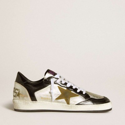 Golden Goose Ball Star Sneakers LAB In Silver Leather With Brown Leather Star And Black Heel Tab