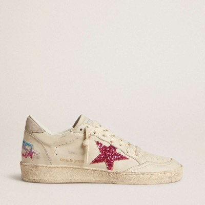 Golden Goose Ball Star LTD Sneakers With Fuchsia Glitter Star And Light Gray Suede Heel Tab