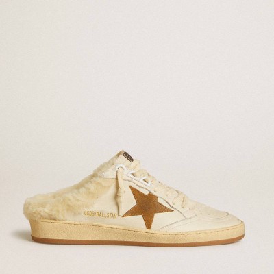 Golden Goose Ball Star Sneakers Sabots In Leather With Suede Star And Beige Shearling Lining