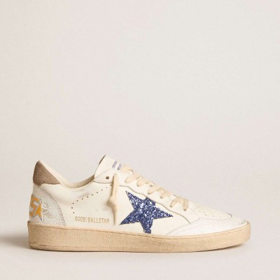 Golden Goose Ball Star Sneakers With Blue Glitter Star And Dove-gray Suede Heel Tab