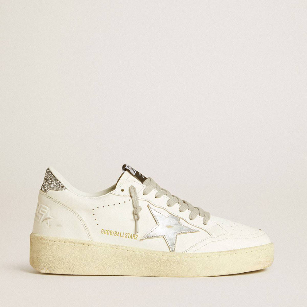 Golden Goose Ball Star Sneakers With Silver Leather Star And Silver Glitter Heel Tab