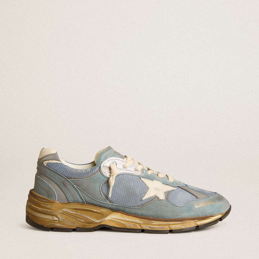 Golden Goose Dad-Star Shoes In Light Blue Mesh And Suede With White Leather Star And Heel Tab