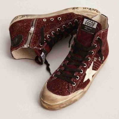 Golden Goose Francy Penstar Sneakers In Burgundy Glitter With White Leather Star