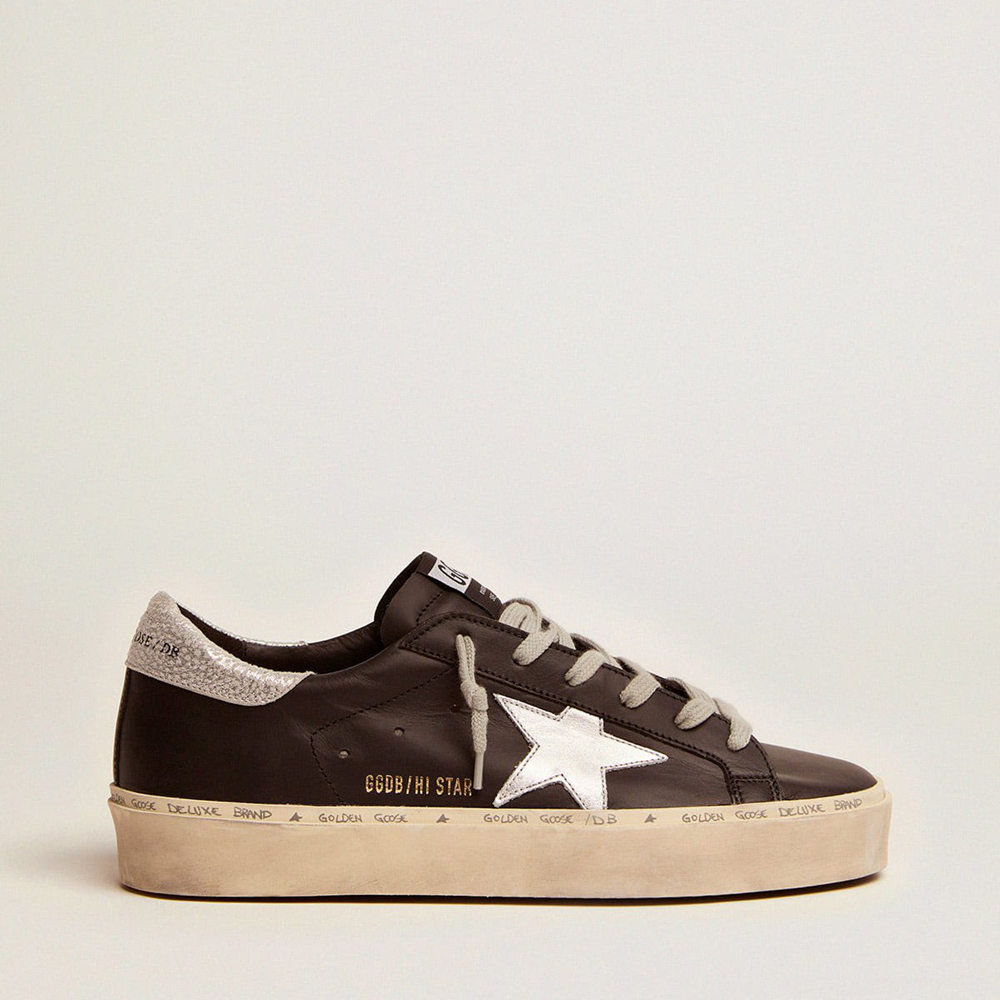 Golden Goose Hi Star Sneakers In Black Leather With Silver Laminated Leather Star