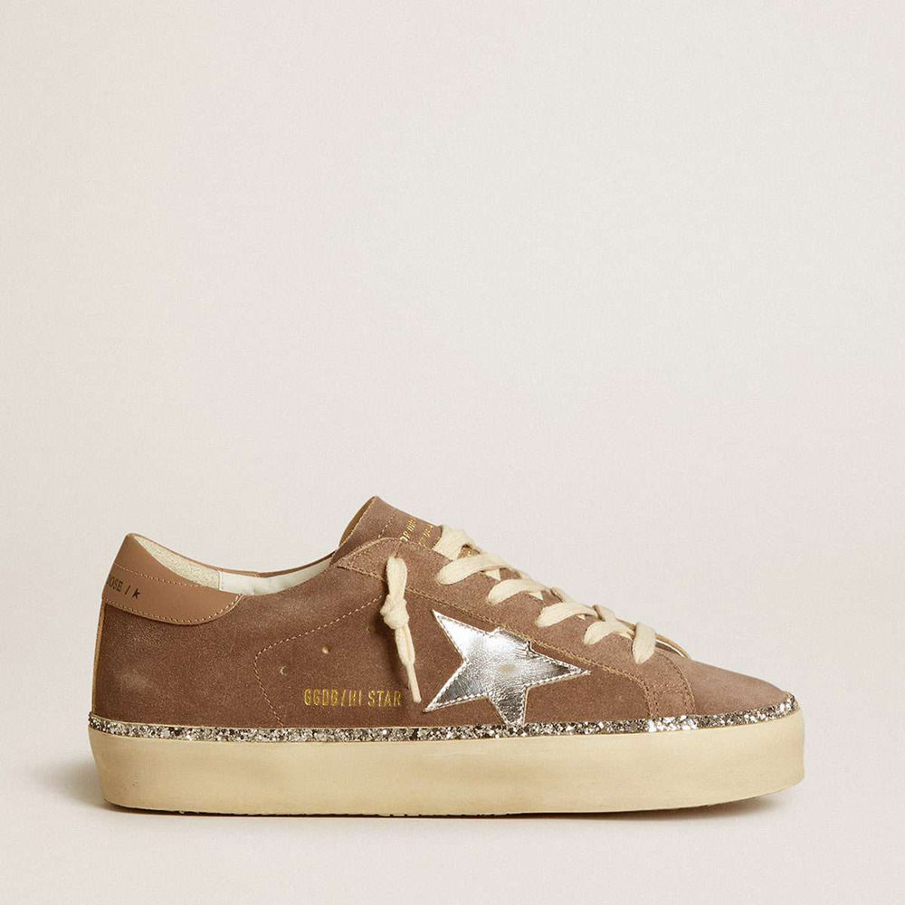 Golden Goose Hi Star Sneakers In Suede With Silver Leather Star And Leather Heel Tab