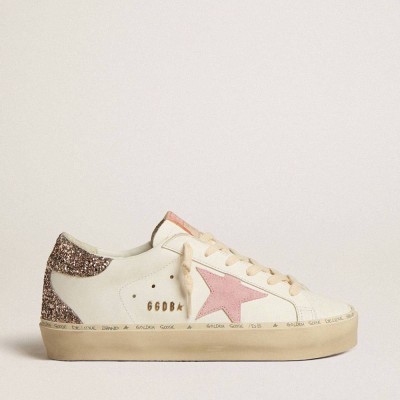 Golden Goose Hi Star Sneakers In White Leather With Pink Suede Star And Pink Glitter Heel Tab