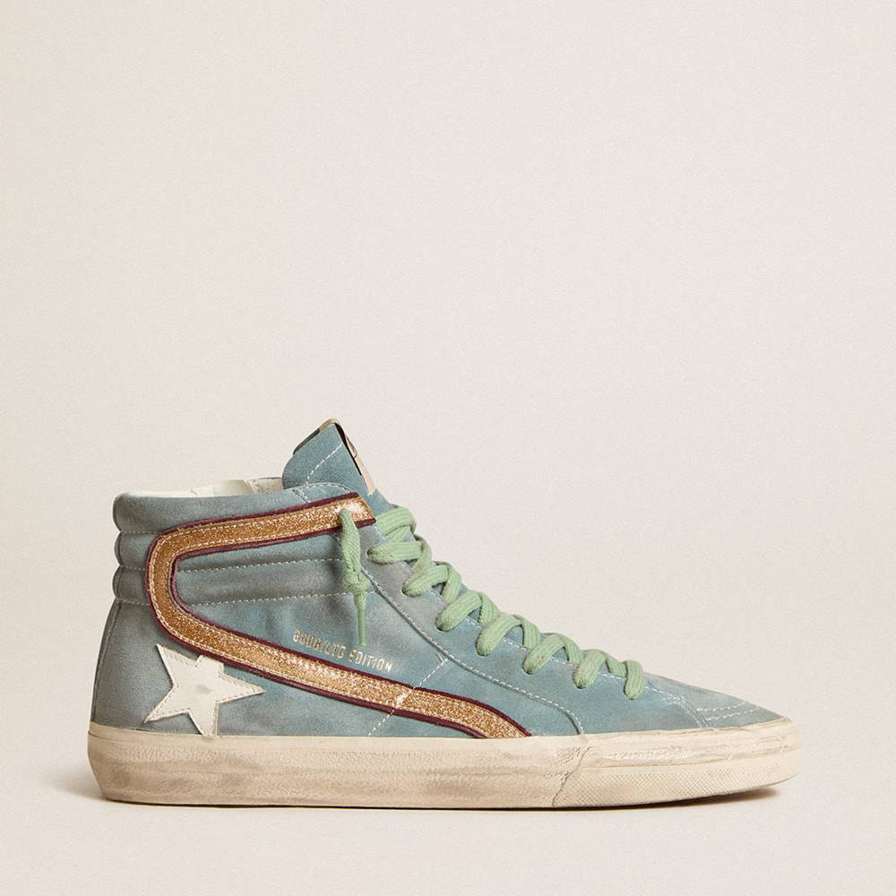 Golden Goose Light Blue Suede Slide LTD Sneakers With White Star And Gold Glitter Flash