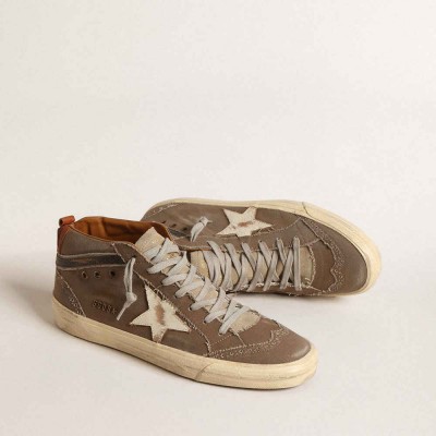 Golden Goose Mid Star Sneakers In Green Canvas With Leather Star And Black Flash