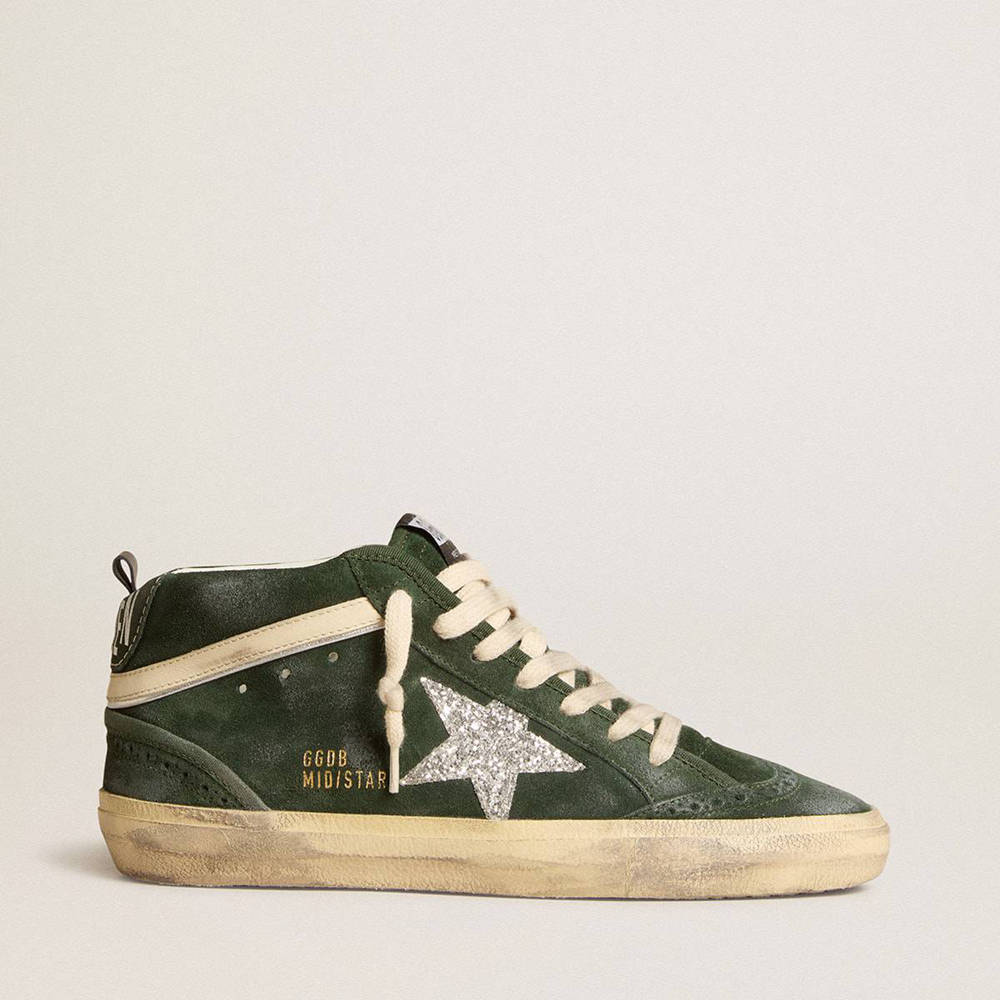 Golden Goose Mid Star Sneakers In Green Suede With Silver Glitter Star And Leather Flash