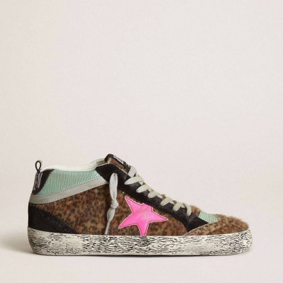Golden Goose Mid Star Sneakers In Leopard-print Pony Skin With Fuchsia Leather Star