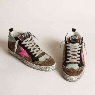 Golden Goose Mid Star Sneakers In Leopard-print Pony Skin With Fuchsia Leather Star
