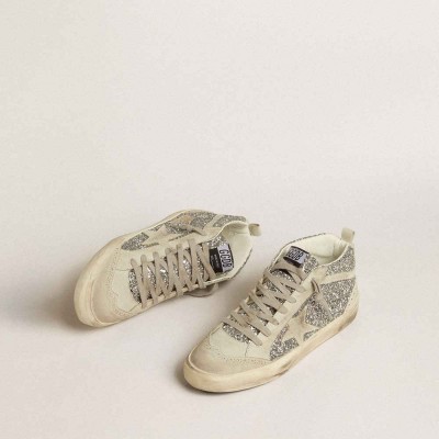 Golden Goose Mid Star Sneakers In Silver Glitter With Ice-gray Suede Star And Flash
