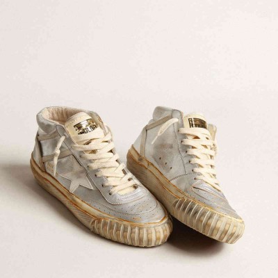 Golden Goose Mid Star Sneakers In Silver Metallic Leather With Ivory Star