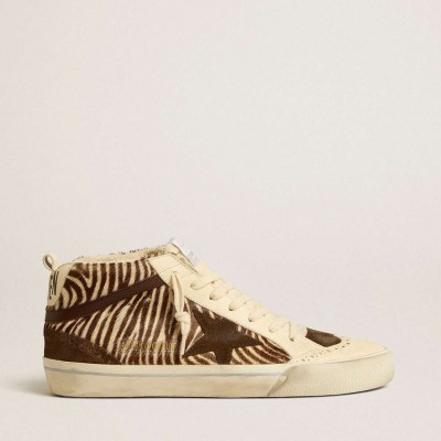 Golden Goose Mid Star LTD Sneakers In Zebra-print Pony Skin With Suede Star And Brown Flash