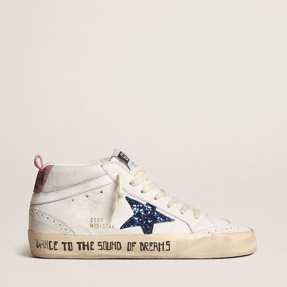 Golden Goose Mid Star Sneakers With Blue Glitter Star And Pink Suede Heel Tab