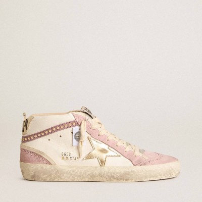 Golden Goose Mid Star Sneakers With Gold Leather Star And Pink Suede Flash With Pearls