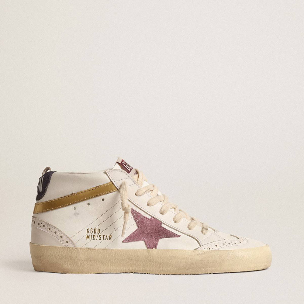 Golden Goose Mid Star Sneakers With Pink Suede Star And Gold Metallic Leather Flash