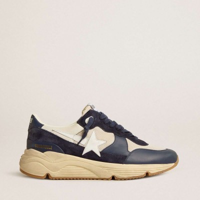 Golden Goose Running Sole Shoes In Cream Mesh And Blue Leather With A White Leather Star