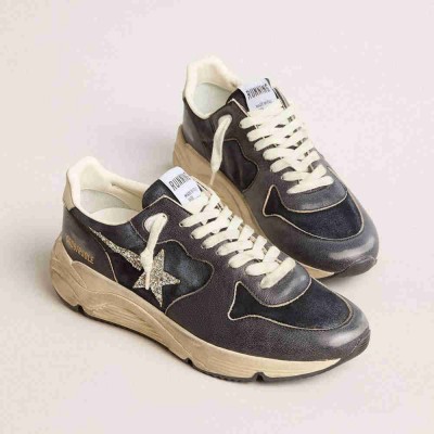 Golden Goose Running Sole Shoes In Dark Blue Suede With Silver Glitter Star
