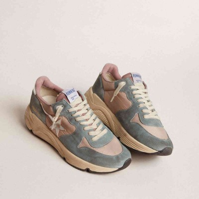 Golden Goose Running Sole Shoes In Pink Nylon And Light-blue Suede With Silver Leather Star