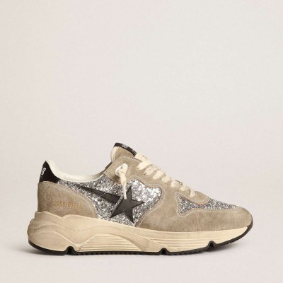 Golden Goose Running Sole Shoes In Silver Glitter And Dove Gray Suede