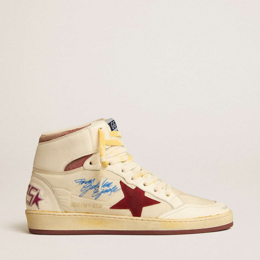 Golden Goose Sky-Star Sneakers In Beige Nylon And Nappa With Pomegranate Suede Star