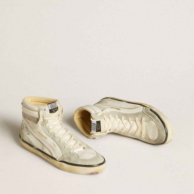 Golden Goose Slide Sneakers LAB In Aged-white Nappa Leather With Gray Suede Star And White Leather Flash
