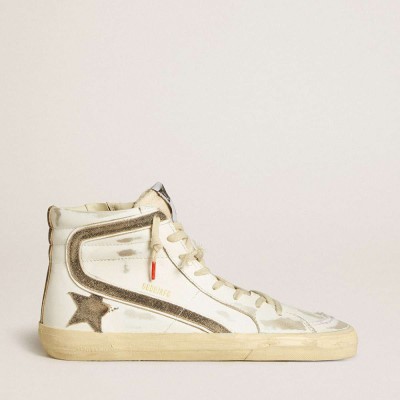 Golden Goose Slide Sneakers LAB In White Leather With Star And Flash In Brown Suede