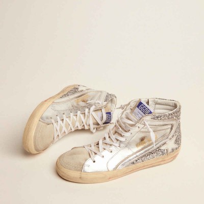 Golden Goose Slide Sneakers With Laminated Leather Upper And Silver Glitter
