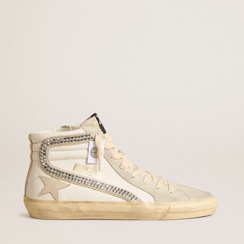 Golden Goose Slide Sneakers With Nude Leather Star And Suede And Swarovski Crystal Flash