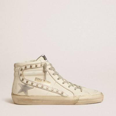 Golden Goose Slide Sneakers With Silver Metallic Leather Star And Leather Flash With Stars
