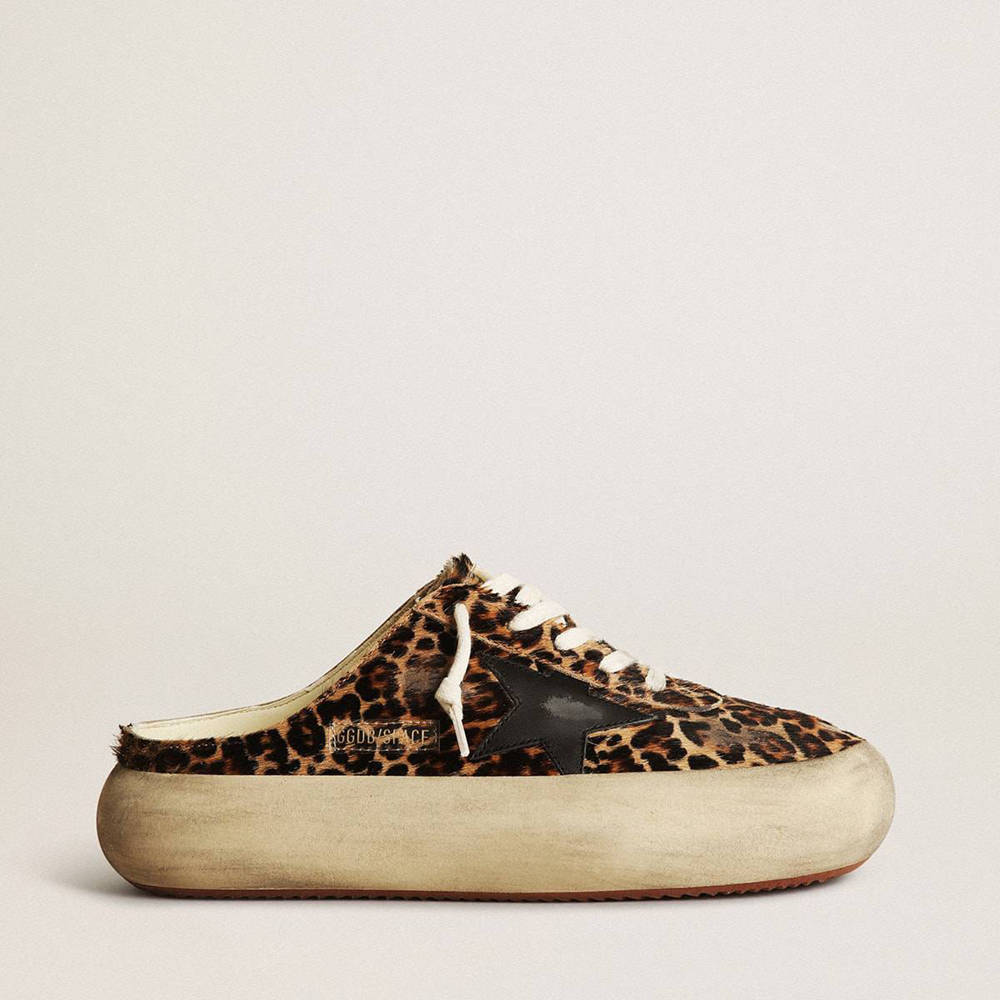 Golden Goose Space-Star Sneakers Sabot In Leopard Print Pony Skin With Black Star