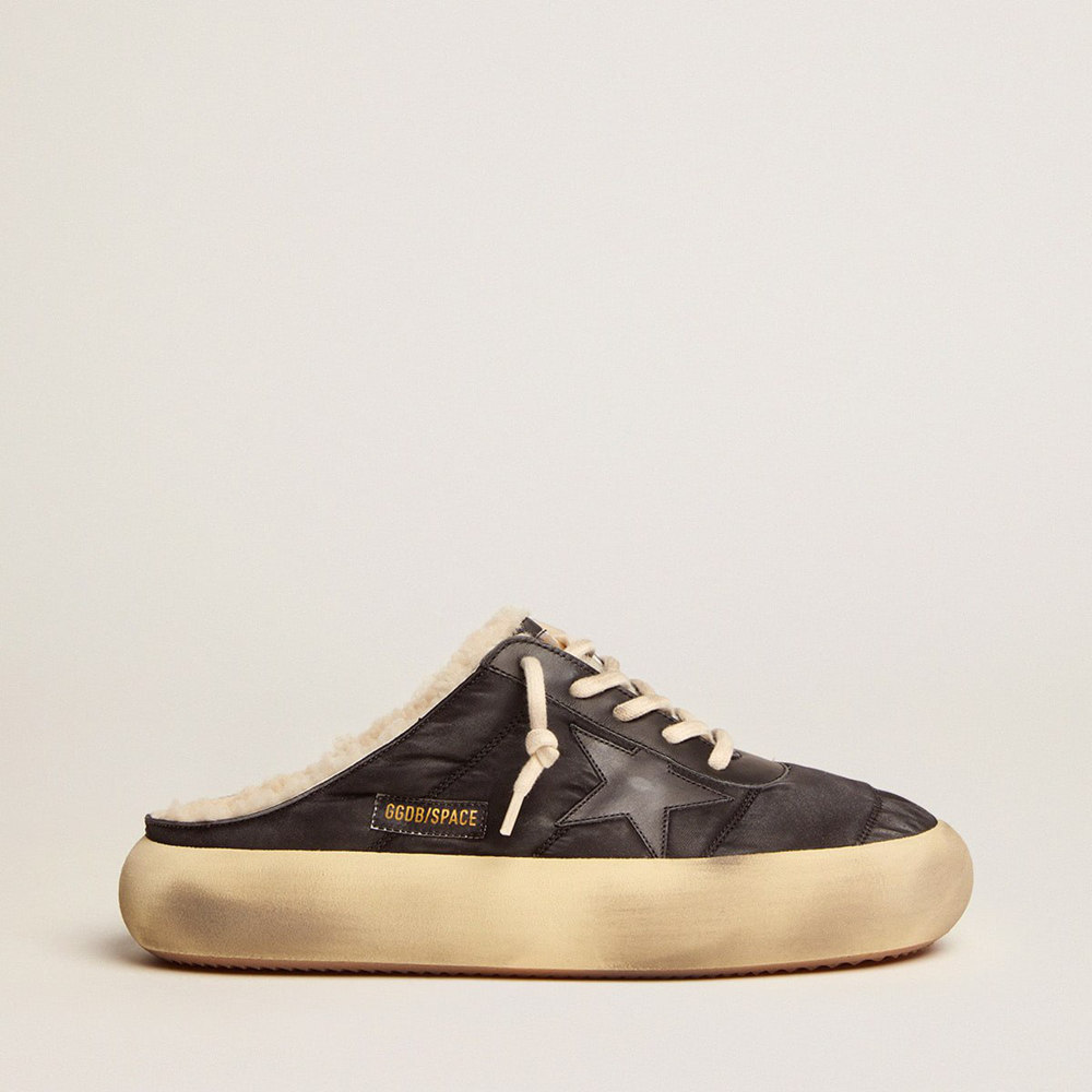 Golden Goose Space-Star Sneakers Sabot Shoes In Quilted Black Nylon With Shearling Lining